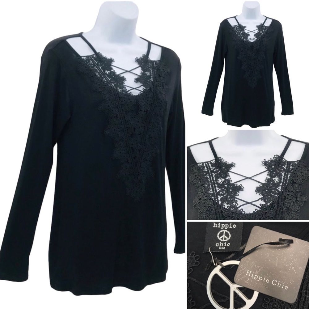 Hippie Chic Black Criss Cross Lace Top Sz. Sm